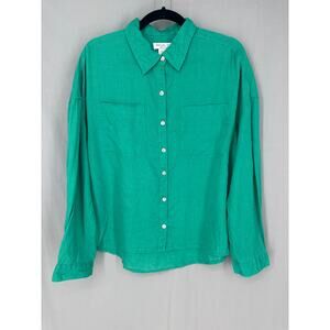 Rachel Zoe Top Womens Medium Green Linen Button Shirt Long Sleeve Beach Boho